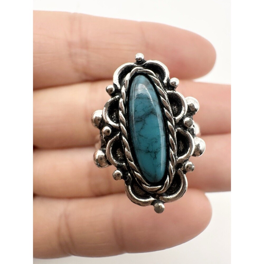 EMMONS Faux Turquoise Blue Oval Flower Vintage Ring Silver Tone Size 7.5